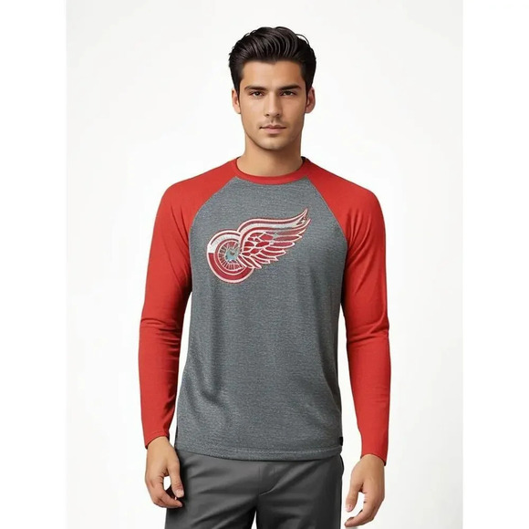 NWT NHL Detroit Red Wings Men's Long‎ Sleeve Raglan T-Shirt Gray Size Small - Picture 1 of 4